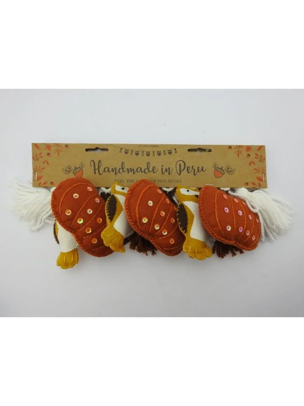 Handmade In Peru Fall Owl Garland 7 Ft Felt Pumpkin Sequin Autumn Decor